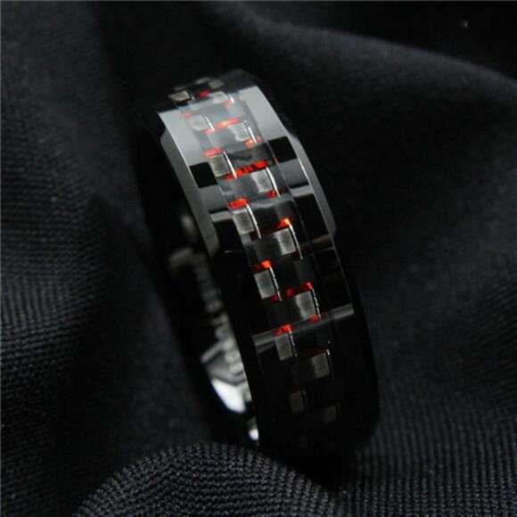 Men's Wedding Band Ring - 8mm Black and Red Carbon Fiber - Wedding Rings - Picture 5 of 5